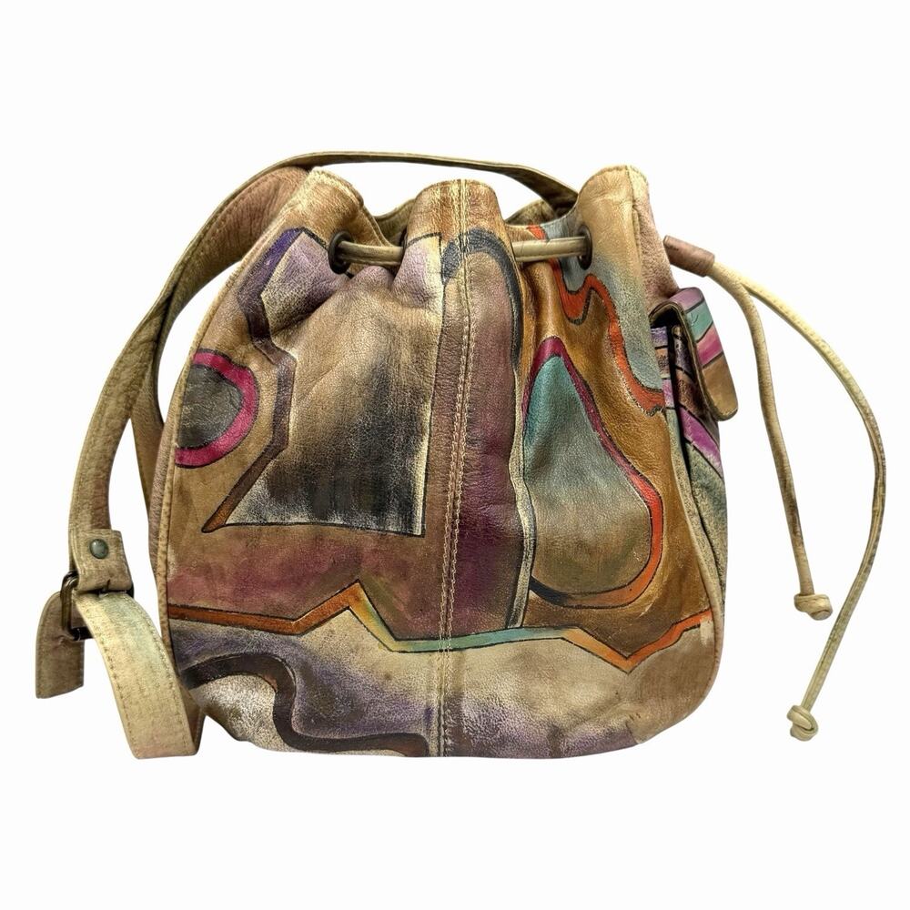 VTG HAND PAINTED HOBO BAG PURSE 90s Y2K LEATHER BOHO ABSTRACT GRAPHIC ART 2 WEAR